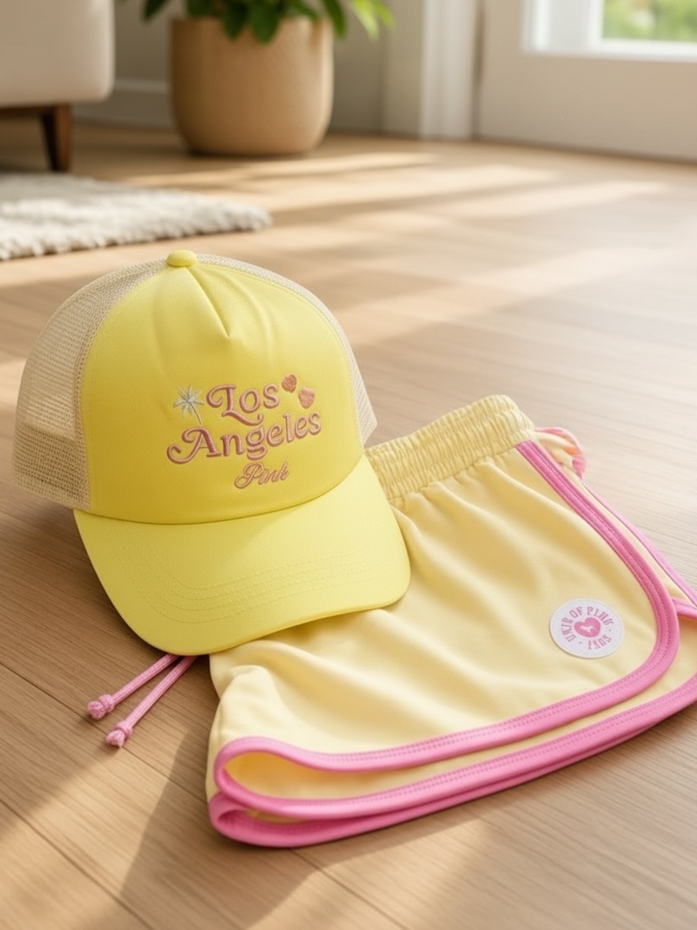 🆕💛 PINK Victoria’s Secret Pastel Yellow Trucker Hat & Micro Fleece Shorts NWT